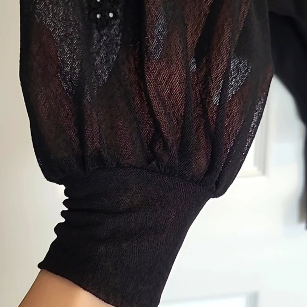 Ember Mesh Rhinestone Sleeve Faux Wrap Stretchy Black Bodysuit Size Small